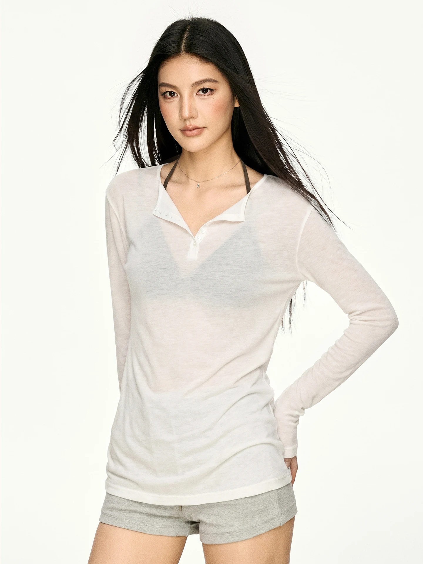 Aaisup White Semi-Transparent UV Protection Shirt Loose Thin Summer T-Shirt Women's Style Henry Collar Top Fashionable Slimming