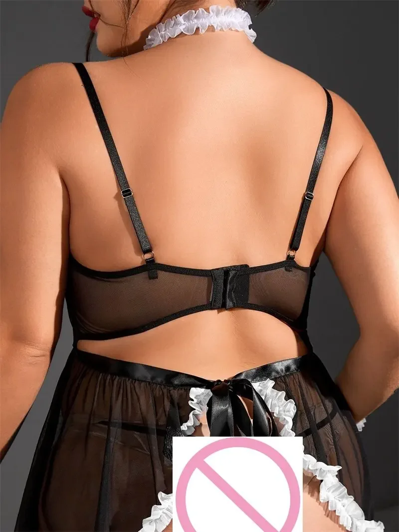 Venta al por mayor de vestido de lencería de sirvienta de juego de rol de talla grande Sexy para mujer, disfraces de sirviente de Cosplay transparentes de malla de talla grande para mujer, ropa XXL