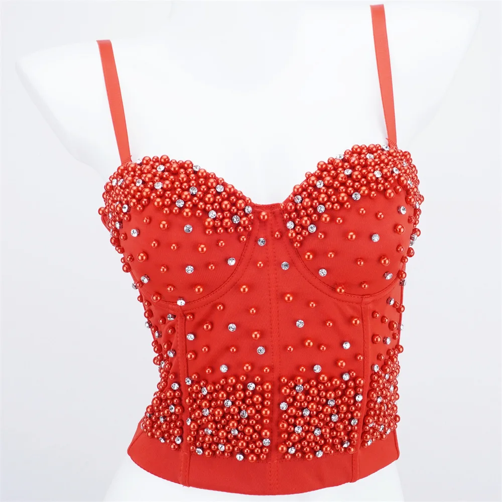 

Fashion Nightclub Sexy Pearl Suspender Vest Women's Inner Wear Outer Long Shaping Fishbone Top Beaded Hot Girl Corset