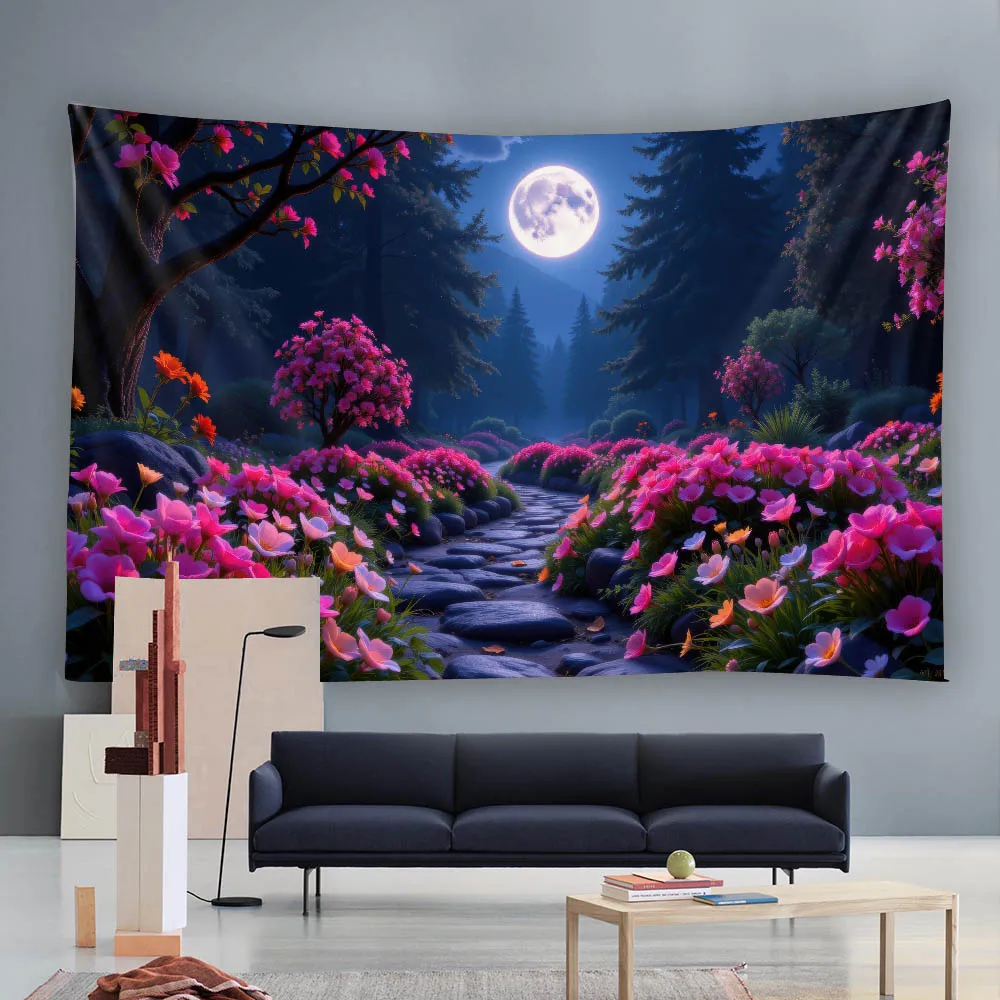 Dreamy Forest Night Scene Tapestry Flower Moon Home Fabric Wall Hanging Bedroom Living Room Homestay Aesthetic Decoration
