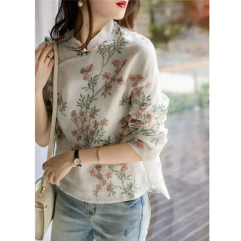 

Linen Shirt Cheongsam Blouse Chinese Style High Quality Flower printing Long Sleeve Autumn Tops Cotton And Linen Elegant Shirt