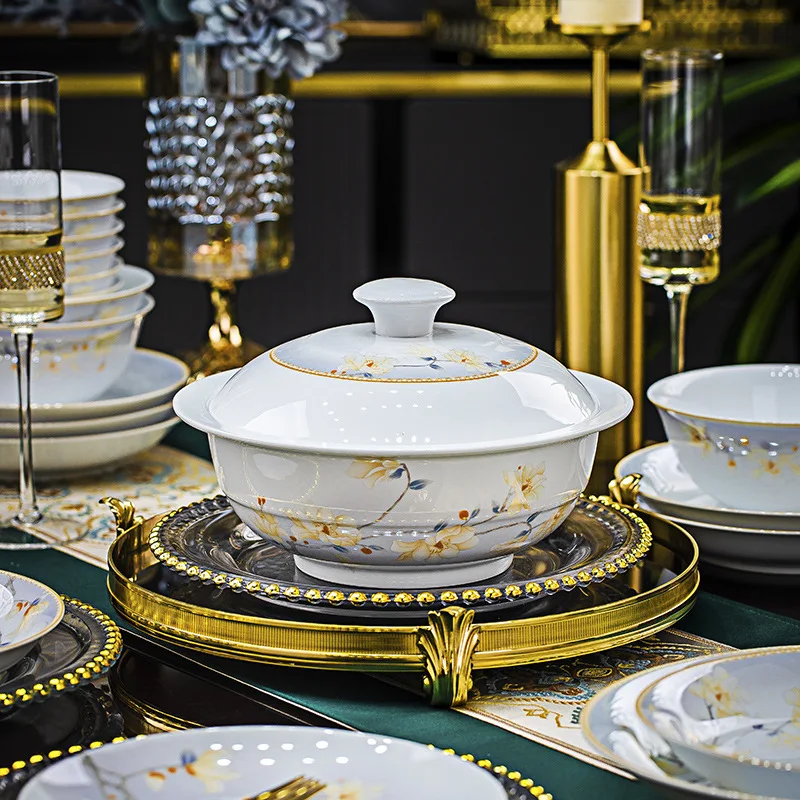 New dishes set Jingdezhen household high-end ceramic high-white porcelain housewarming tableware set gift tableware and chopstic