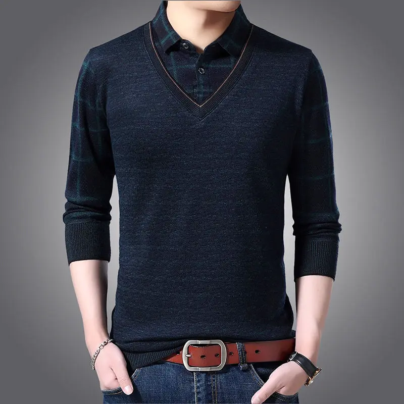 Fashion Vintage Men Knitted Striped Polo Shirts Spring Autumn Male Clothes Business Casual Loose Long Sleeve Basic Versatile Top