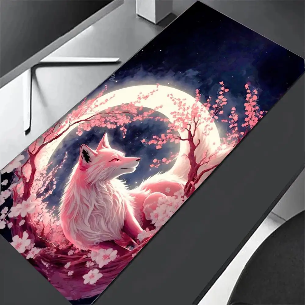 Pink Fox Cherry Blossom Crescent Moon Starry Mouse Pad Large Gaming Mousepads Fantasy Non-slip Laptop Big Tablet Mat PC Playmat