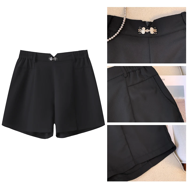 Shorts casuais de verão feminino, tecido preto de poliéster, zíper traseiro decorativo decalque, design solto, tudo confortável, preto