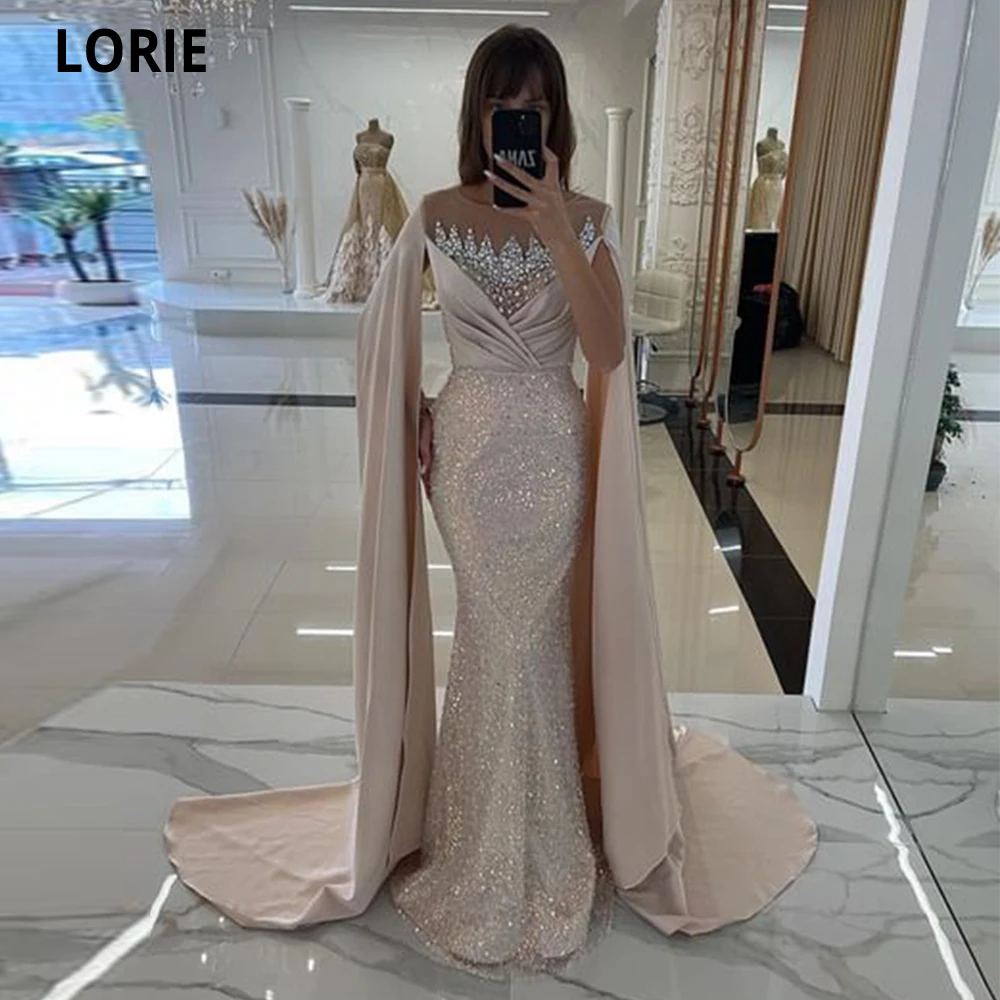 LORIE-Vestidos De Noche De sirena Para Mujer, Vestidos De Fiesta modernos De satén con cuello redondo, Mangas De capa, Elegantes Para Mujer 2023