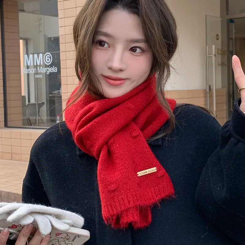 

2025 New Year Christmas Gift Cute Red Scarf Women Winter Warm Knitted Couple Scarf Fashion Accessories