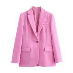 Tangada Women Solid Pink Blazer 2024 Female Long Sleeve Jacket Outwear 6X0387