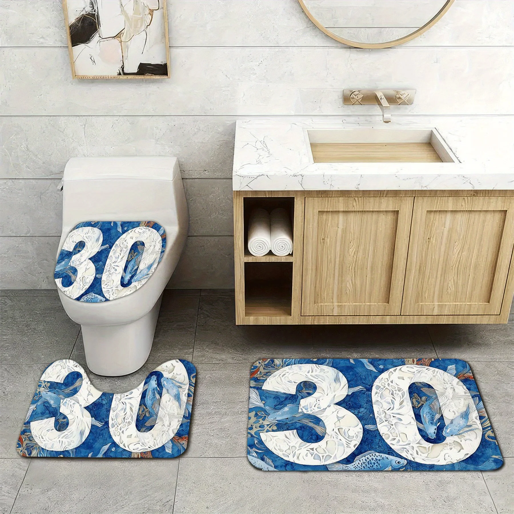 Decorative Number 30 Blue White Bathroom Mat Set Toilet Rug Floor Mat Home Decor Absorbent Non Slip Bath Runner