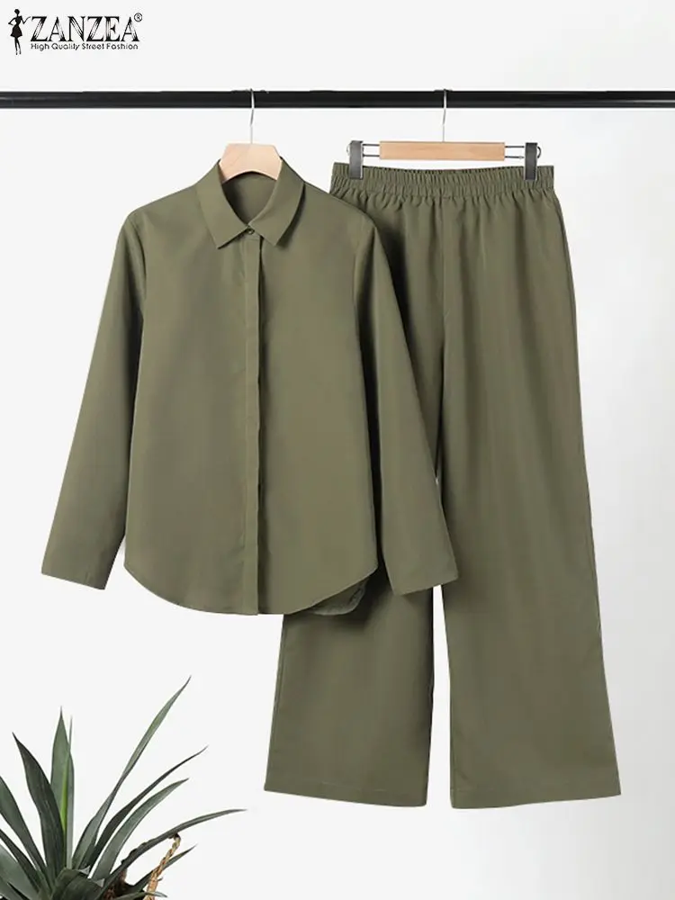 

ZANZEA Women 2PCS Sets Solid Casual Long Sleeve Shirt Tracksuit Fashion Wide Leg Pant Suits Holiday 2024 Oversized Matching Sets