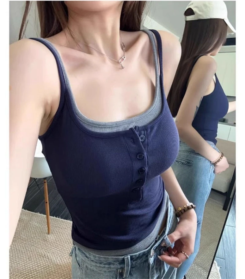 Farbblock-Spleiß-Design Zweiteiliges Damen-Camisole 2026 Sommer Neu Hot Girl Knopf-Tanktop mit Eingebauten Polstern Oberbekleidung Camis – Detail 8