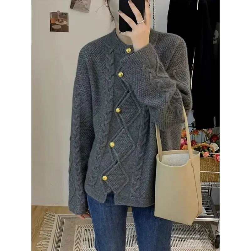 

Women 2024 Autumn Winter Casual Solid Color Loose Round Collar Knitted Cardigan with Button Long Sleeves Sweater Cardigans YL106