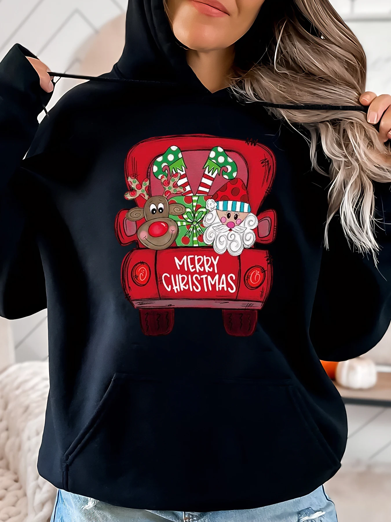 

Рождественский олень и Санта в красной грузовике, толстовка с капюшоном с Рождеством, женская повседневная зимняя праздничная одежда черного цвета, большие размеры
