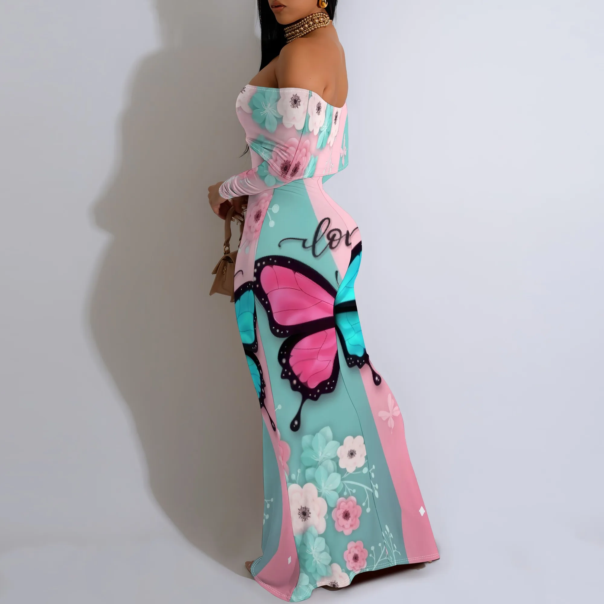 فستان ماكسي بأكمام طويلة مكشوف الأكتاف مزين بالزهور على شكل فراشة - ملابس منتجع نسائية رومانسية للحفلات المسائية #4