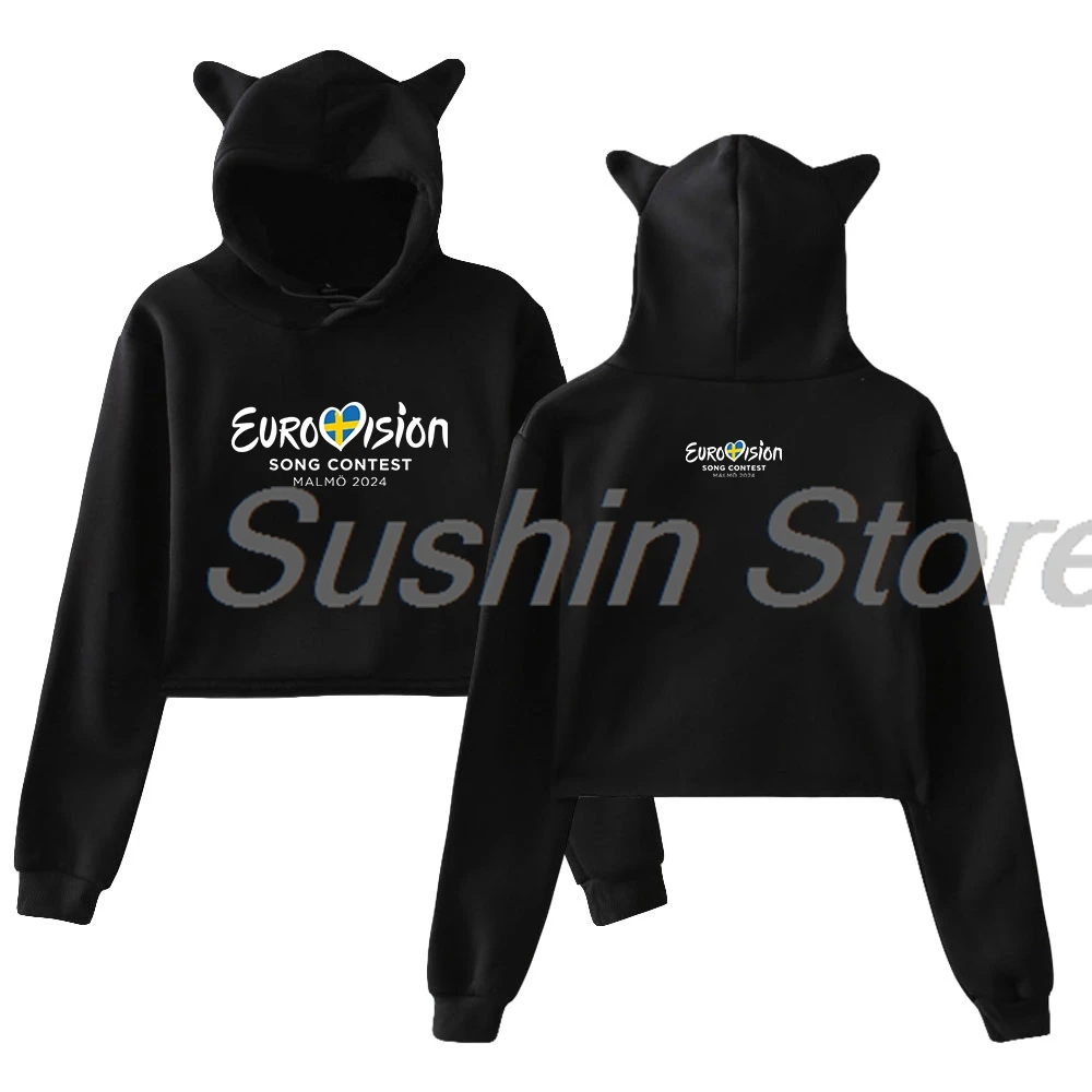 Eurovision 2024 Pullover Cat Ears Hoodie Long Sleeve Sweatshirt Female Crop Top Eurovision Song Contest Women's Clothes