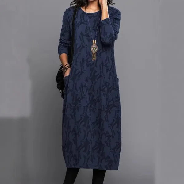 

Dress Women Ankle Length O Neck Dresses Long Sleeve Print Vestidos Loose Casual Pockets Maxi Straight Slight Strech beach 2025