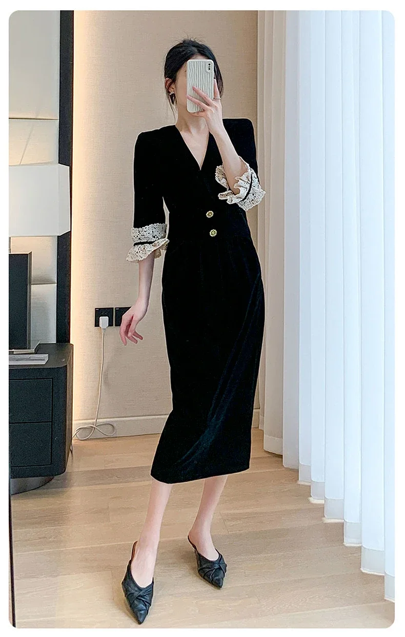 

Sexy Black V-neck Dress Lace Patchwork Sleeves Advanced Sense Belt Button Appear Thin A-line Long Skirt Women Clothing