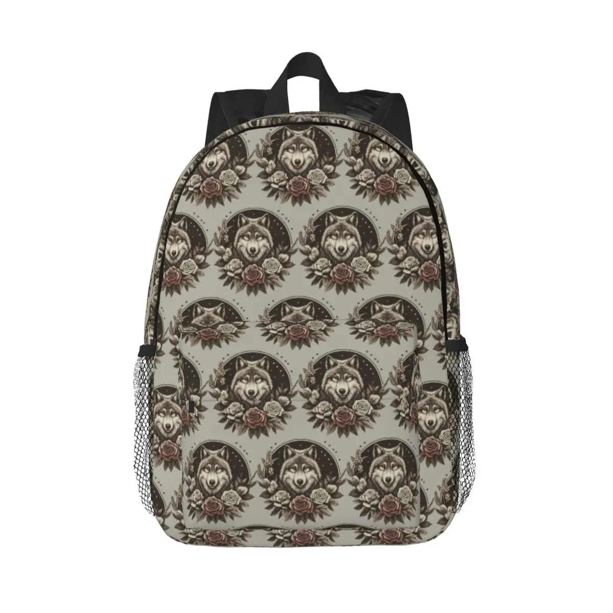 Black White Wolf Surrounded By Flowers Backpack Daypack Large Capacity Boys Girls BookBag Shoulder Bags for Children School Bag