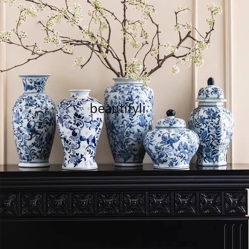 A57 jarrón grande chino de porcelana azul y blanca, piso a techo, pintado a mano, color bajo vidriado, decoración floral retro para sala de estar