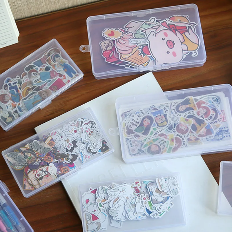 1pc Transparent Storage Box Desktop Storage Container Rectangle Stickers Stationery Case Small Cards Organizer Case Art Tool Box
