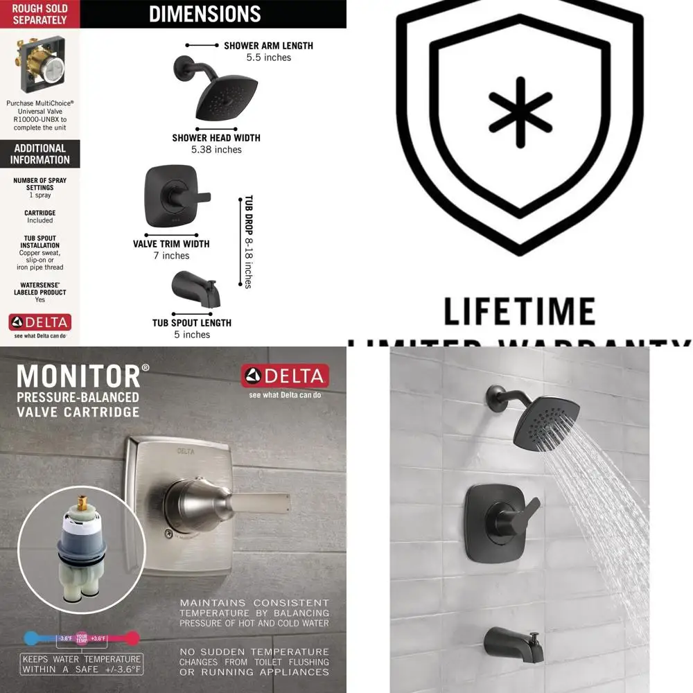 Modern 14 Series Matte Black Shower Faucet with Single Spray Touch-Clean Head and Tub & Shower Trim Kit (Valve Not Included)