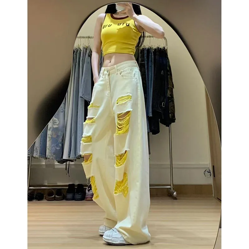 Damskie Nowe Retro Jeansy Letnie Nowe Łańcuszki Koronkowy Nadruk Designerski Wysoki Stan Luźne Uniwersalne Wyszczuplające Zapinane na Zamek i Guziki Unikalne Szerokie Nogawki