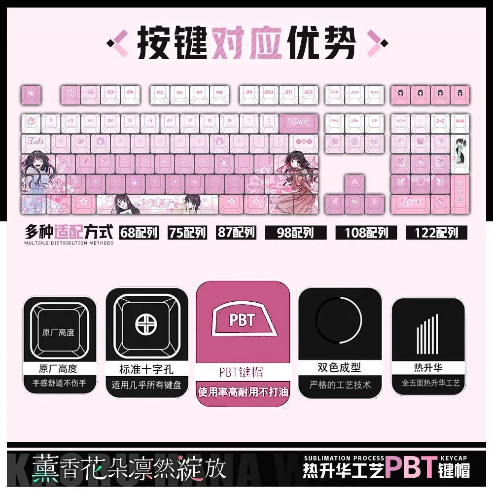 122 Key Waguri Kaoruko Custom Keycaps Anime Game Chreey PBT Transparent Key Caps for Made68 Mad68 Wooting 60 Mechanical Keyboard