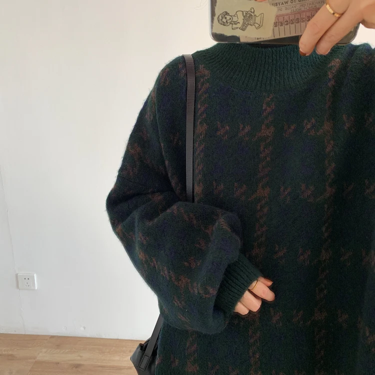 Korean style Winter thousand bird grid semi-turtleneck loose sweater