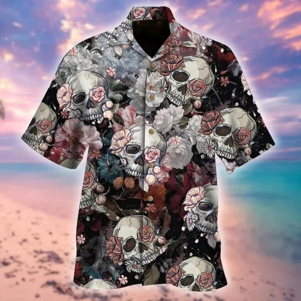 

Floral Skull 3D Hawaiian Shirt, Gothic Aloha Summer Shirt, Unisex Skull Print Button Down, Casual Beach Party Outfit S-5XL