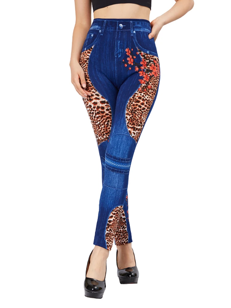 CUHAKCI Leopard Plum Blossom Print Fake Jeggings Women Slim Fit Pencil Pants Stretch Blue False Jeans Imitation Denim Leggings