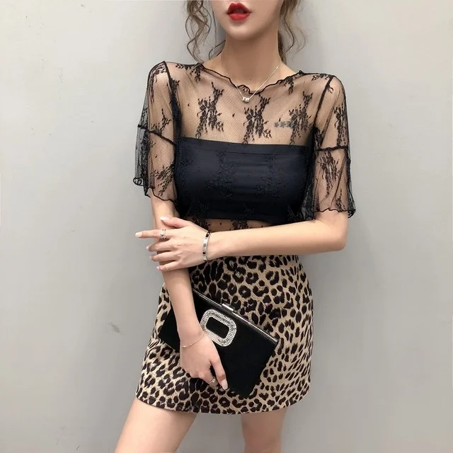 

Lace Mesh Base Shirt Women's Short Sleeve T-Shirt Style Thin Film Inner Wear Fairy Hollow out Net Shirt Top