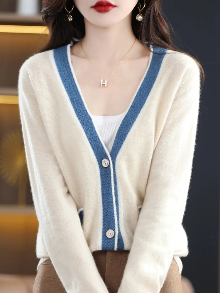 Women's Deep V-neck Sweater Cardigan 100% Pure Wool Knitwear Bicolor Cashmere Basic Casual Long Sleeve Comfortable Spring Autumn