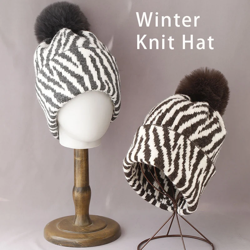 New Women Zebra Stripe Pom Pom Beanie Winter Thick Knit Hat For Ear Protection Men Outdoor Thermal Hat Warm Trapper Cap
