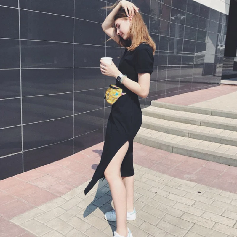 Sommer koreanischen Stil Midi Kleid Frauen lässig schwarz lange Kleider Kurzarm sexy plus Größe Seite offen Party Maxi T-Shirt Kleid