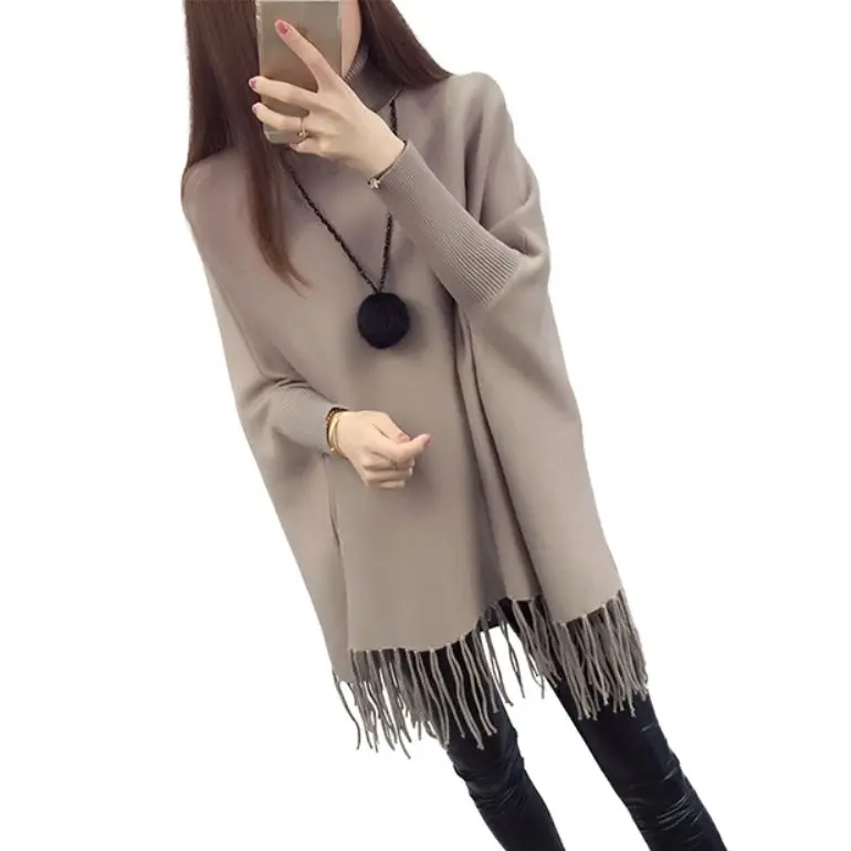 Korean Loose Fit Autumn and Winter New French College Cape Women Mid-length Poncho Warps Woolen Tassel Solid Female Coat T326