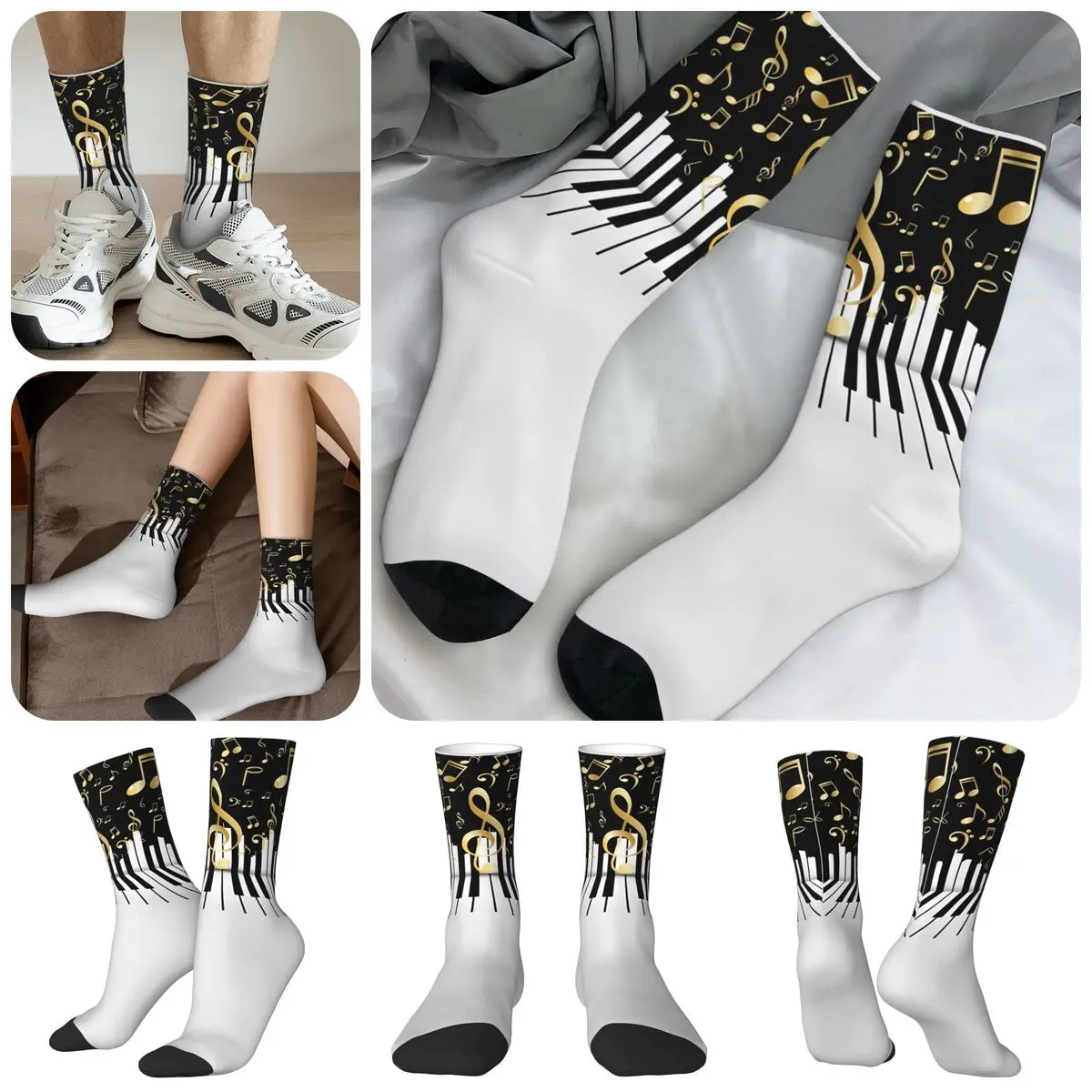 High elasticity polyester fiber 3D printing cosy Unisex Windproof Music Notes With Piano Interesting Four Seasons Socks