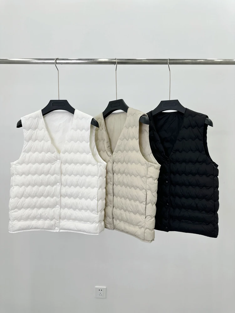 

Lightweight Airy Du down Vest Women's Faion V-ne Svel Padded Vest Thin Outerwear Pure Color Commute Sle
