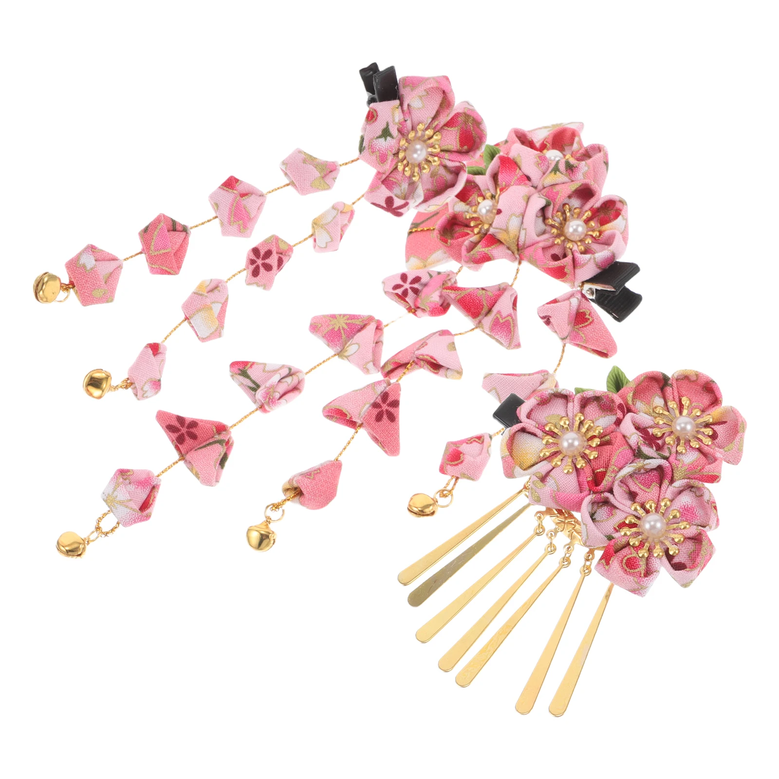 

3Pcs Japanese Japanese Cosplay Kimono Hairpins Set Fabric Flower Tassels Traditional Accessories Kimono Hanfu