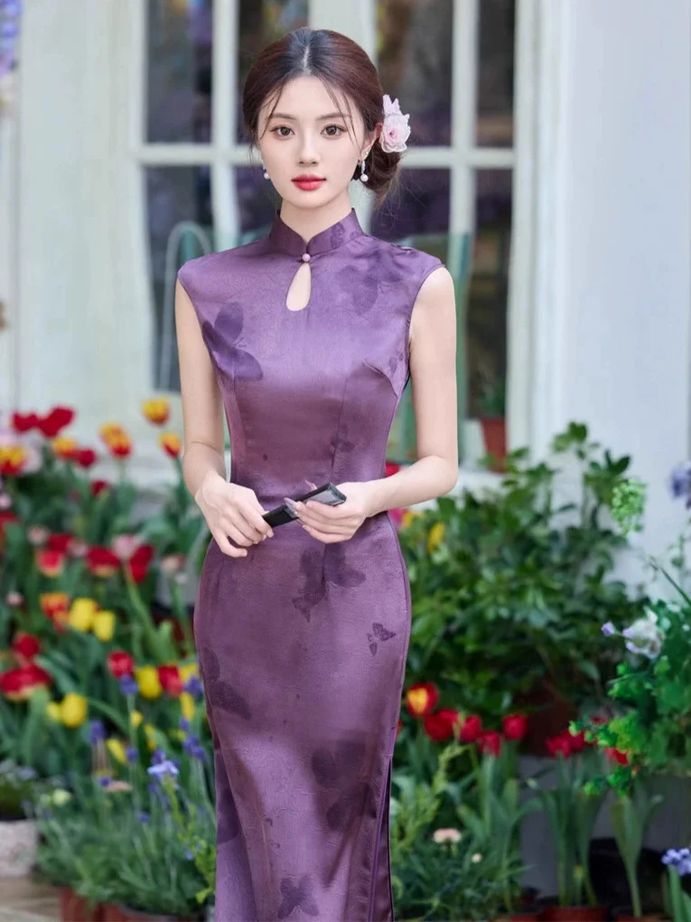 

New Chinese Style Satin Improved Qipao Purple Butterfly Printed Dress Traditional Mandarin Collar Gown Long Elegant Cheongsam