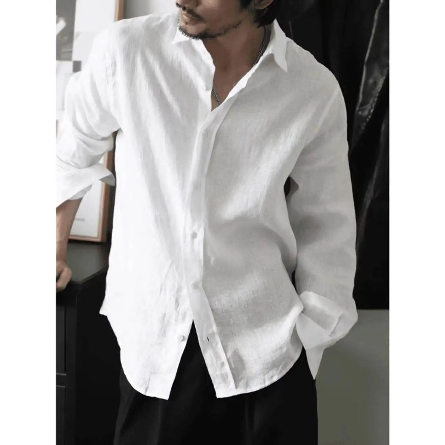 

White Linen Men's Shirt Summer Thin Long Sleeve Sun Protection American Trendy Brand Cotton Linen Jacket Standard Fit Citywalk
