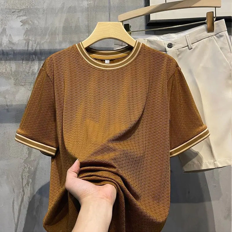 

Contrast Color Splicing Summer Thin White Jacquard Ice Silk Short-sleeved T-shirt for MenYY26