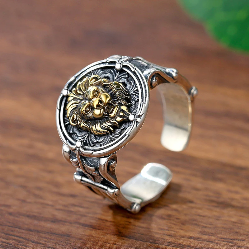Hip hop style handsome domineering silver 925 lion mens rings retro Engraved trendy ring adjustable banquet jewelry gift