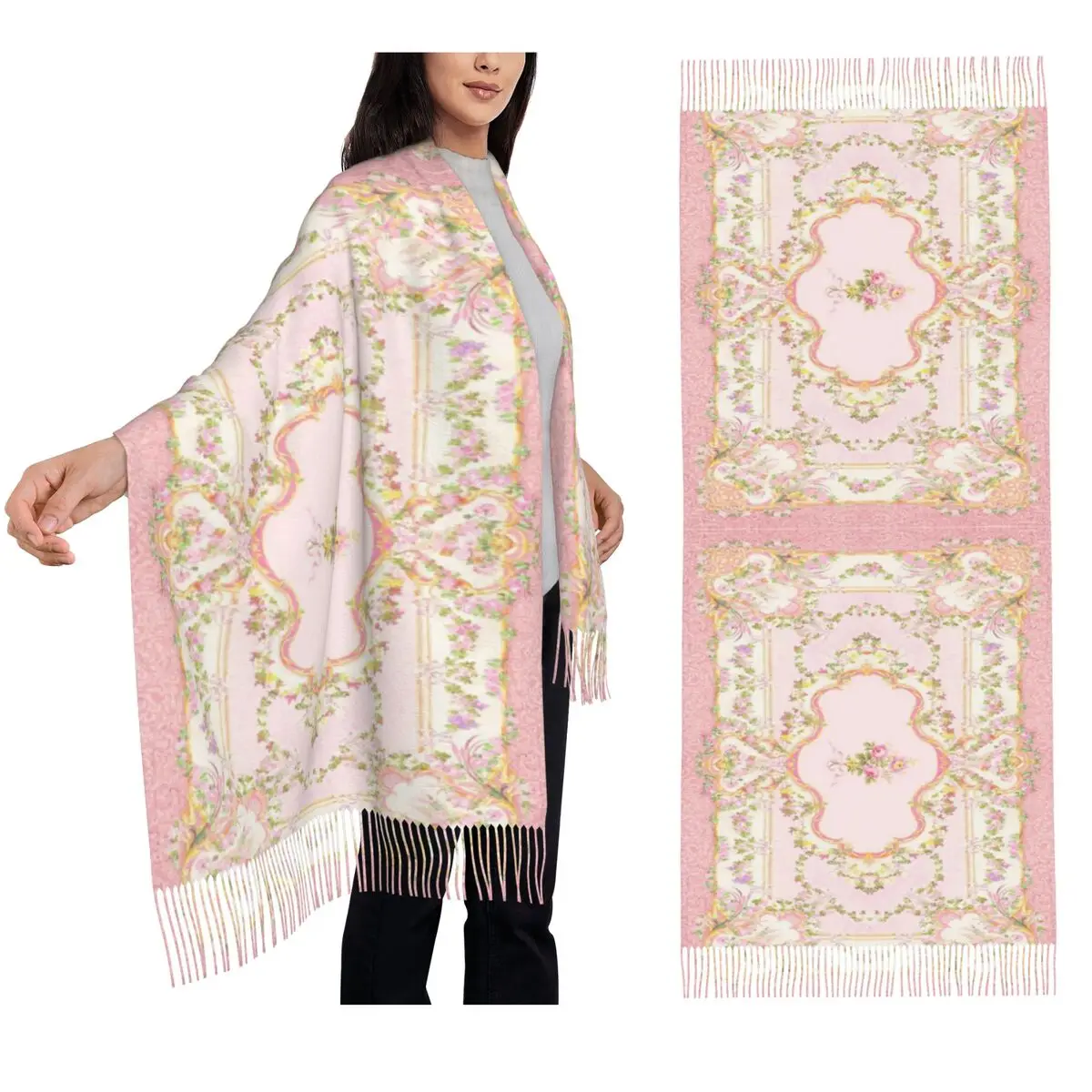 

Французский рококо, розовый цветочный акварельный шарф, шарфы с кисточками, женские мягкие теплые шали и накидки, большая осенне-зимняя шаль