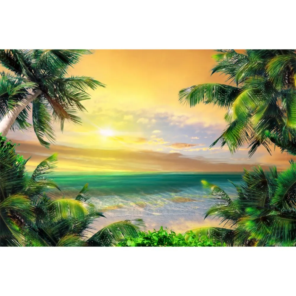 Seaside Palm Tree Backgrounds Summer Tropical Beach Sunsetting Ocean Waves Children Photography Backdrops Photographic Portrait