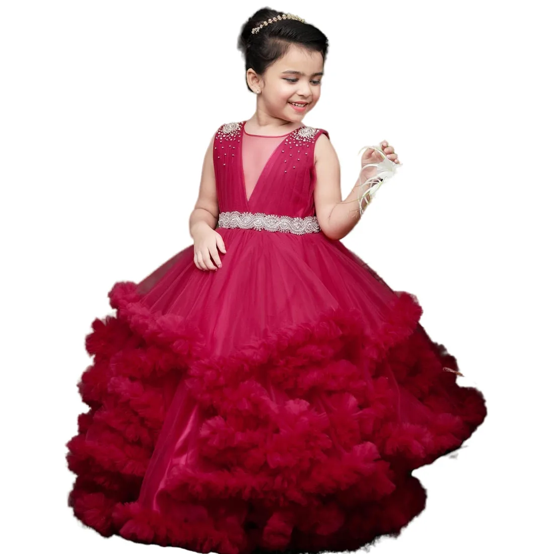 2024 cristalli bordeaux Flower Girl abiti Ball Gown Tiers bambina Christmas Peageant compleanno battesimo Tutu abiti