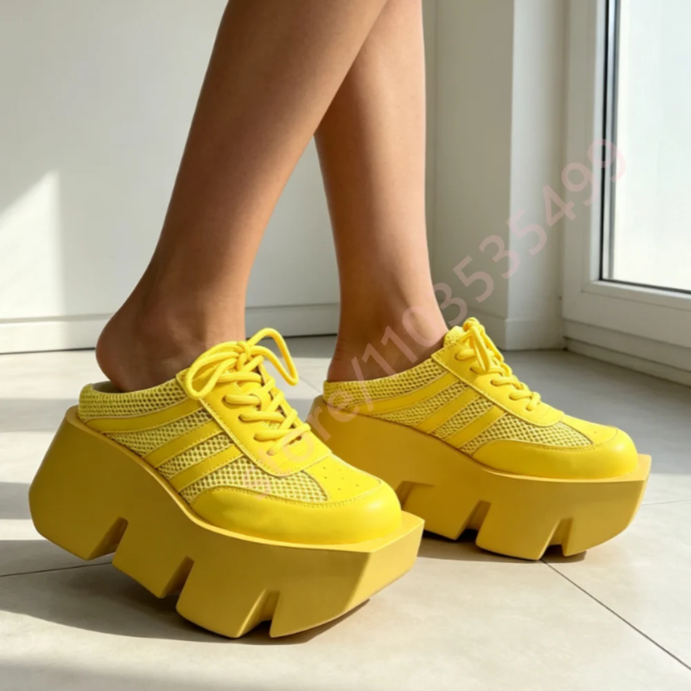 Mesh Patchwork Platform Mules Women Round Toe Lace Up Jagged Block Sole Slip On Backless Y2K Streetwear Casual Slipper Sneakers