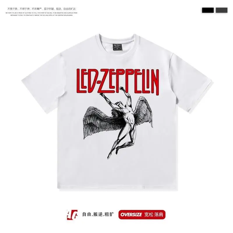 Same Style Zeppelin Airship LedZeppelin Hip-hop Rock Print Loose Casual Trend Short Sleeved T-shirt Over