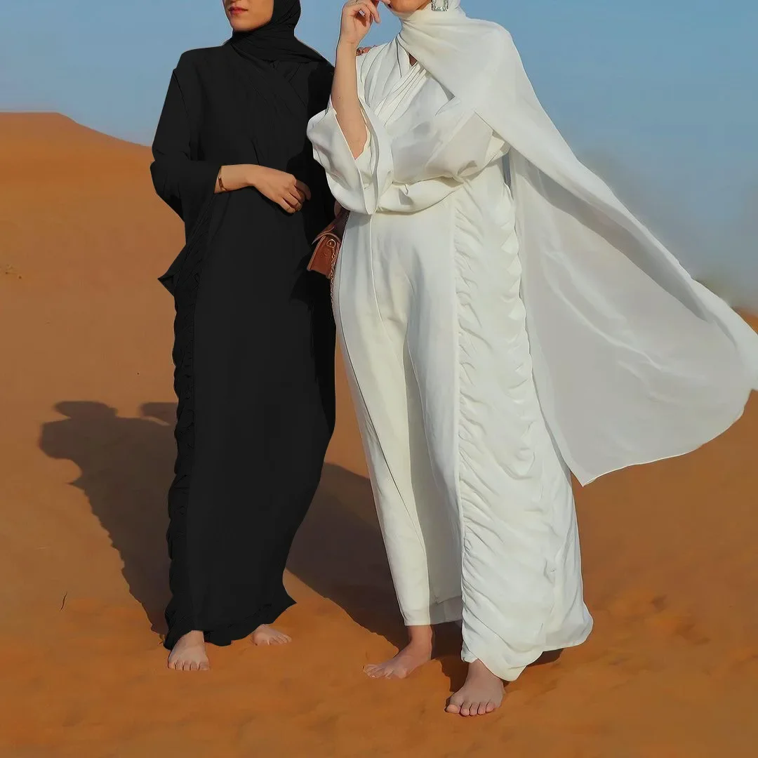 Sukienki muzułmańskie Abayas dla kobiet Turcja Dubaj Sznurowany elegancki kardigan Szaty Vintage Wzburzona sukienka Maxi Damska Casual z długim rękawem