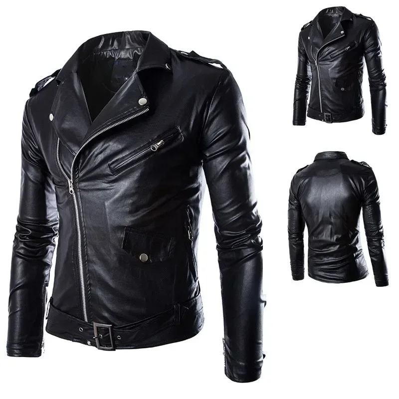 

Fashion PU leather jacket men buckle Zip lapel collar British black white punk rock outwear coats 2023