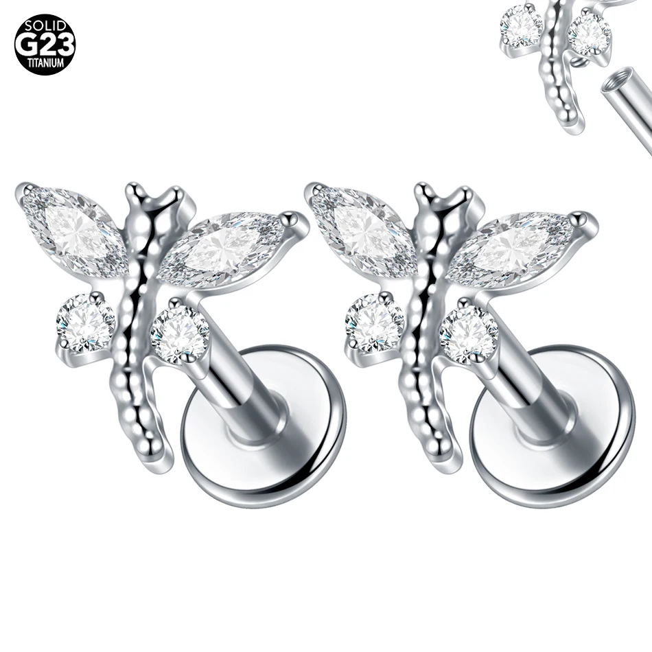 1/5PCS Titanium Flat Back Lobe Helix Earring Stud Internally Threaded CZ Crystal Flower Labret Cartilage Tragus Piercing Jewelry